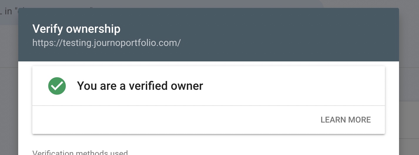 A verified poup from Search Console