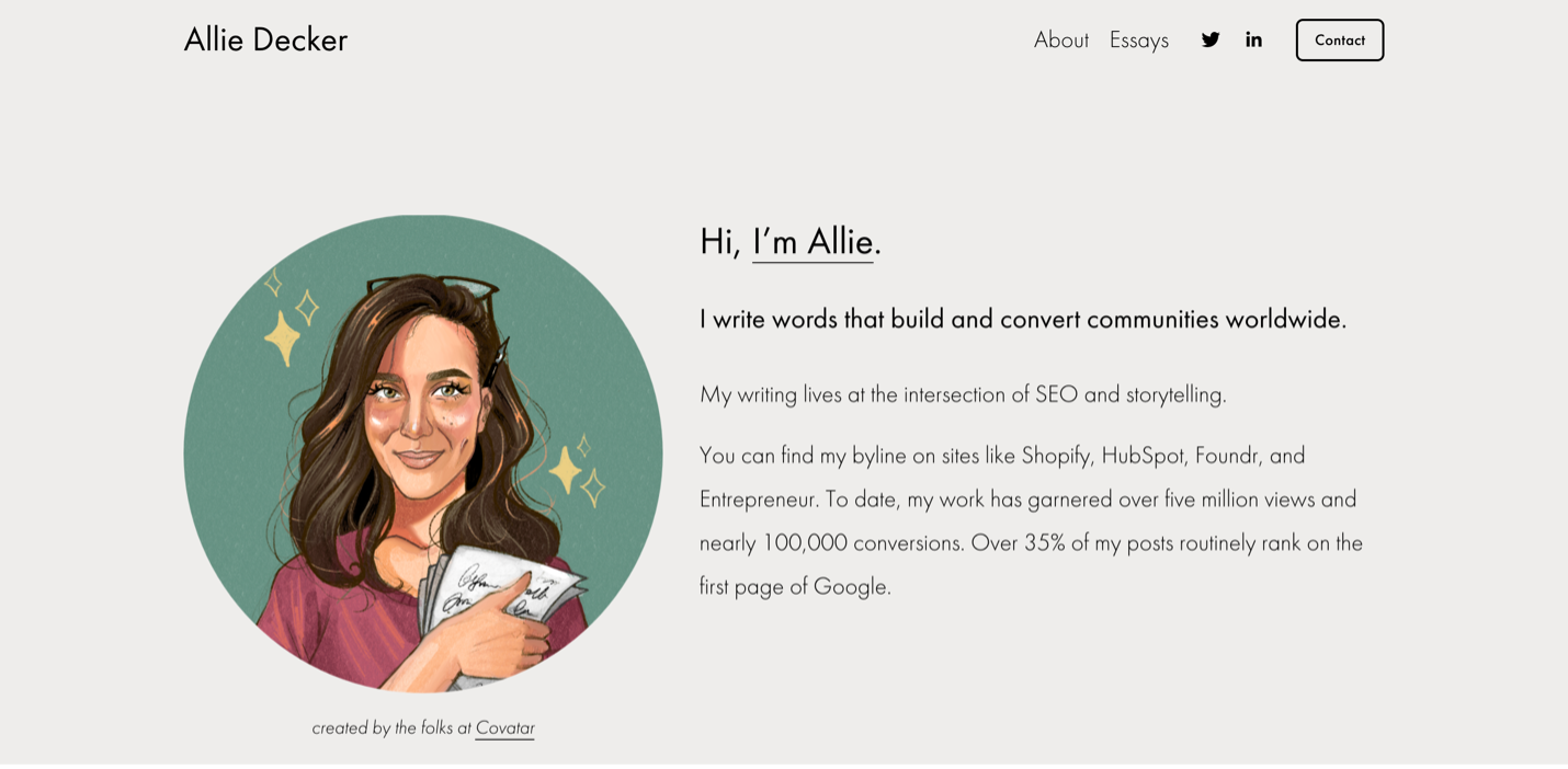 Screenshot Allie Decker website