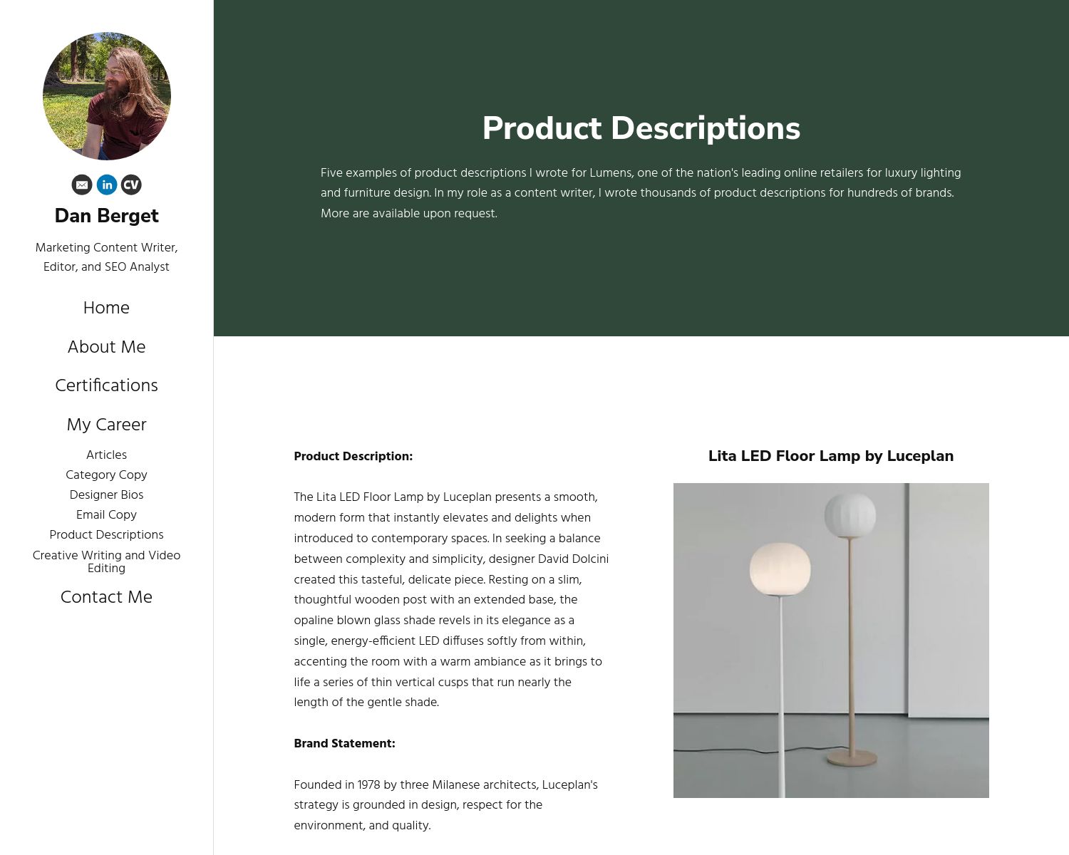 Product description portfolio website
