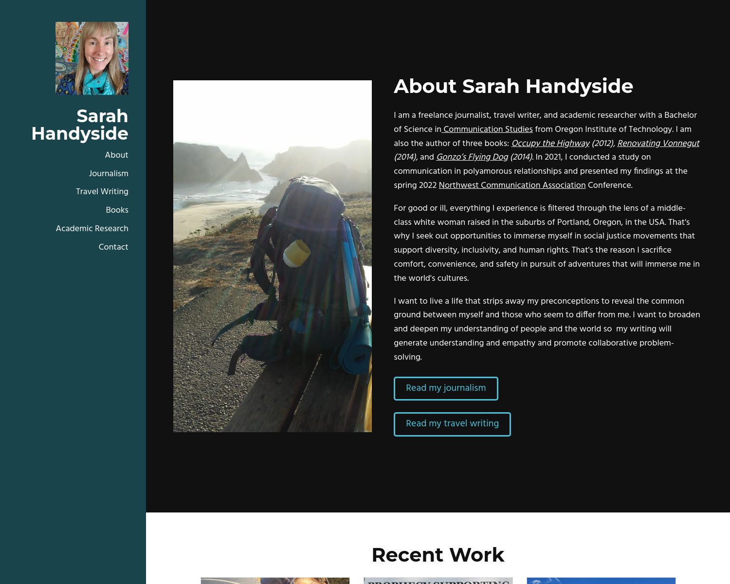 Sarah Handyside Portfolio Screenshot with sidebar