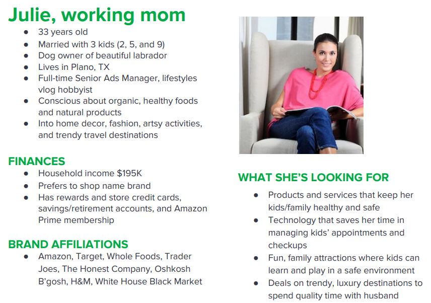 Buyer's Persona for Julie, a Young Active Mom and Wife