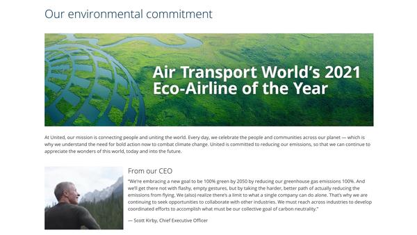 The United Airlines Eco-Skies landing page