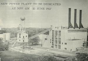 An archived photo of Goddard Power Plant. "New power plant to be dedicated at NPF on 25 June 1957."