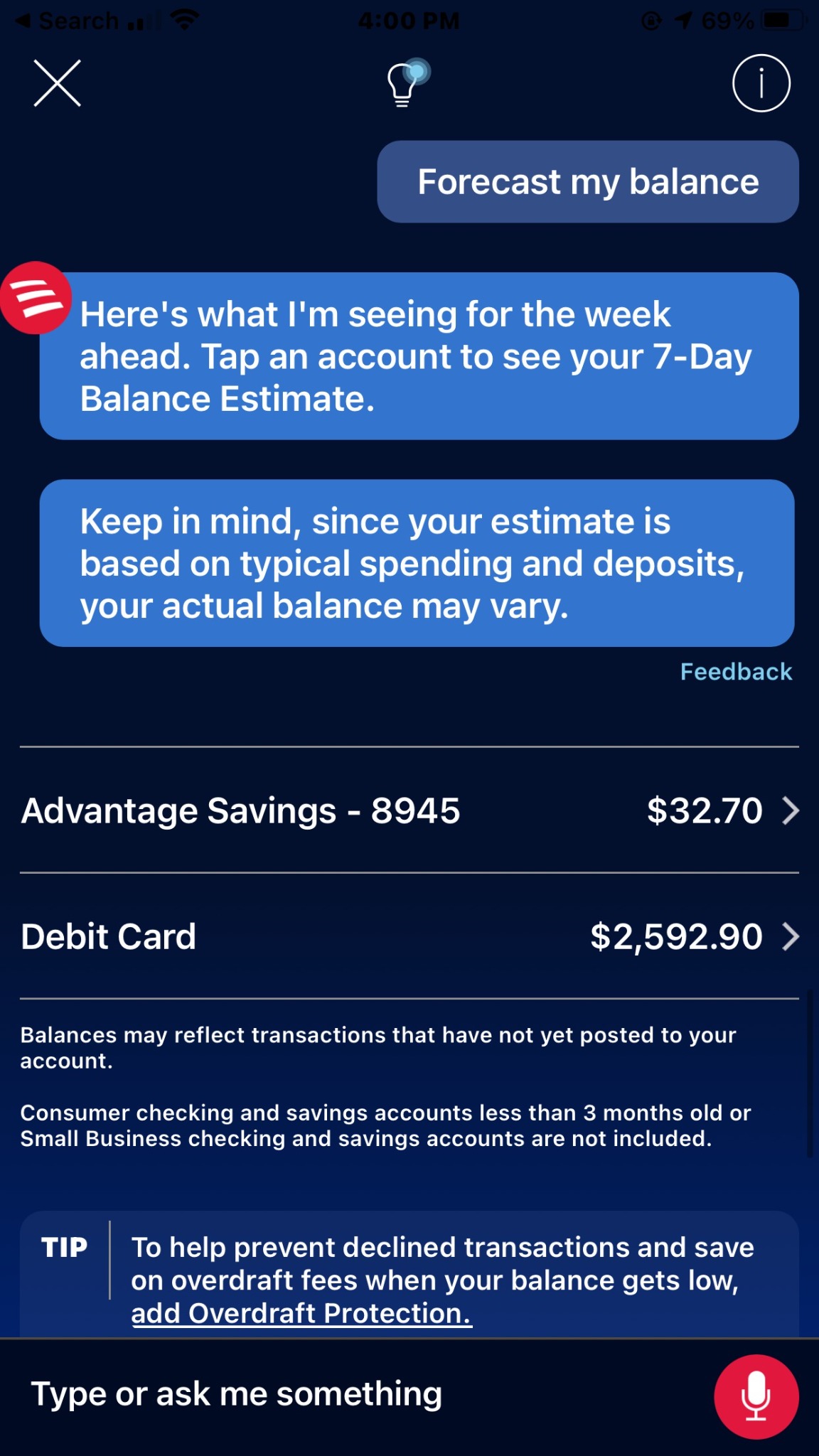 Image of a virtual assistant conversation with Erica, forcecasting a user's balance