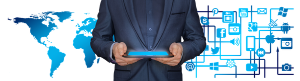 Man holding device with globe and social media network connections behind him Man holding device with globe and social media network connections behind him
