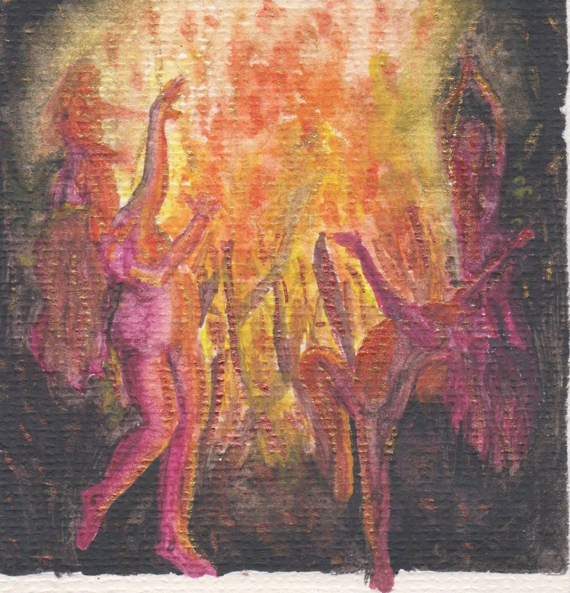 Four naked women dance around a fire.