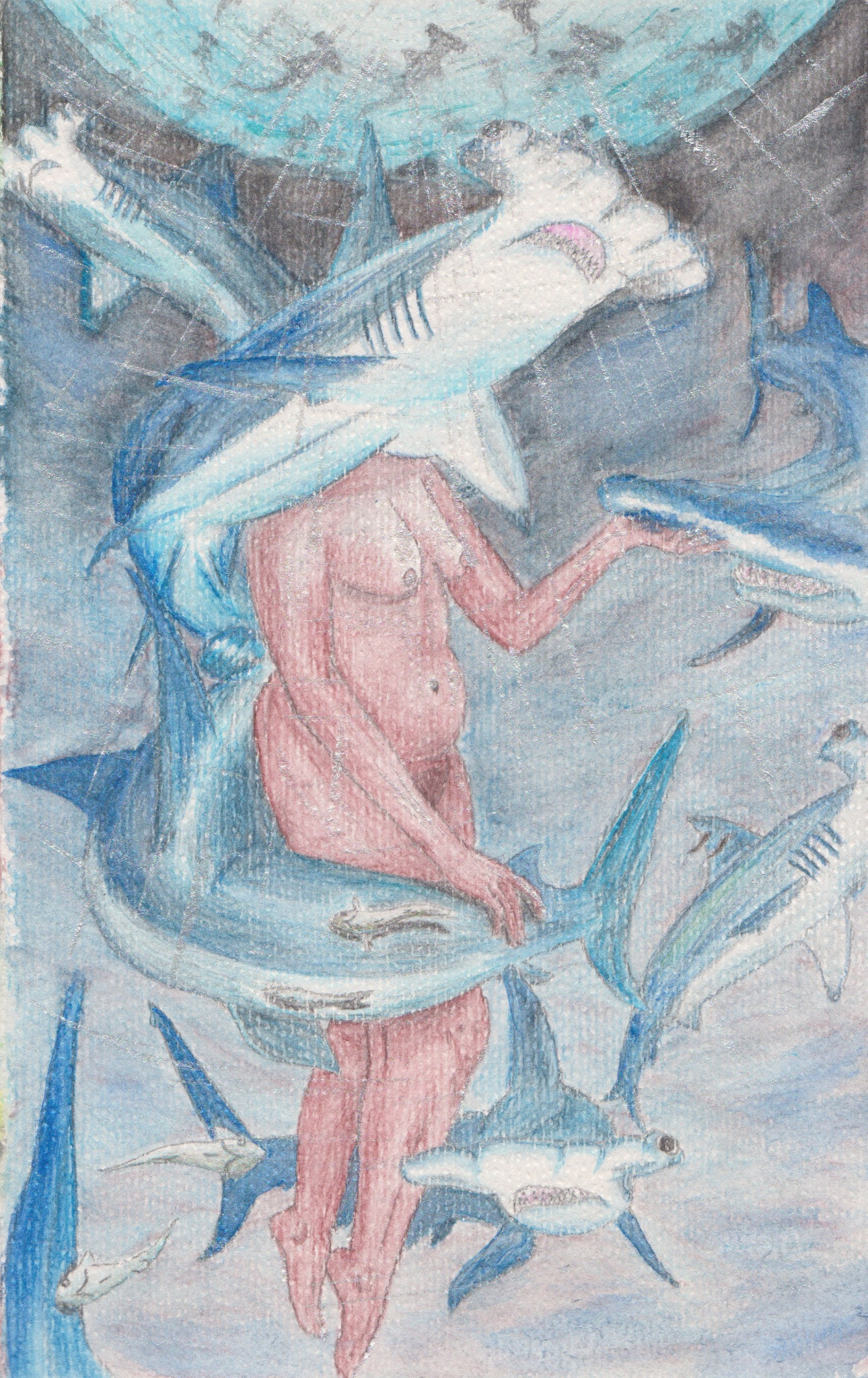 A brown naked woman is surrounded by a vortex of blue hammerhead sharks underwater, within some kind of canyon.
