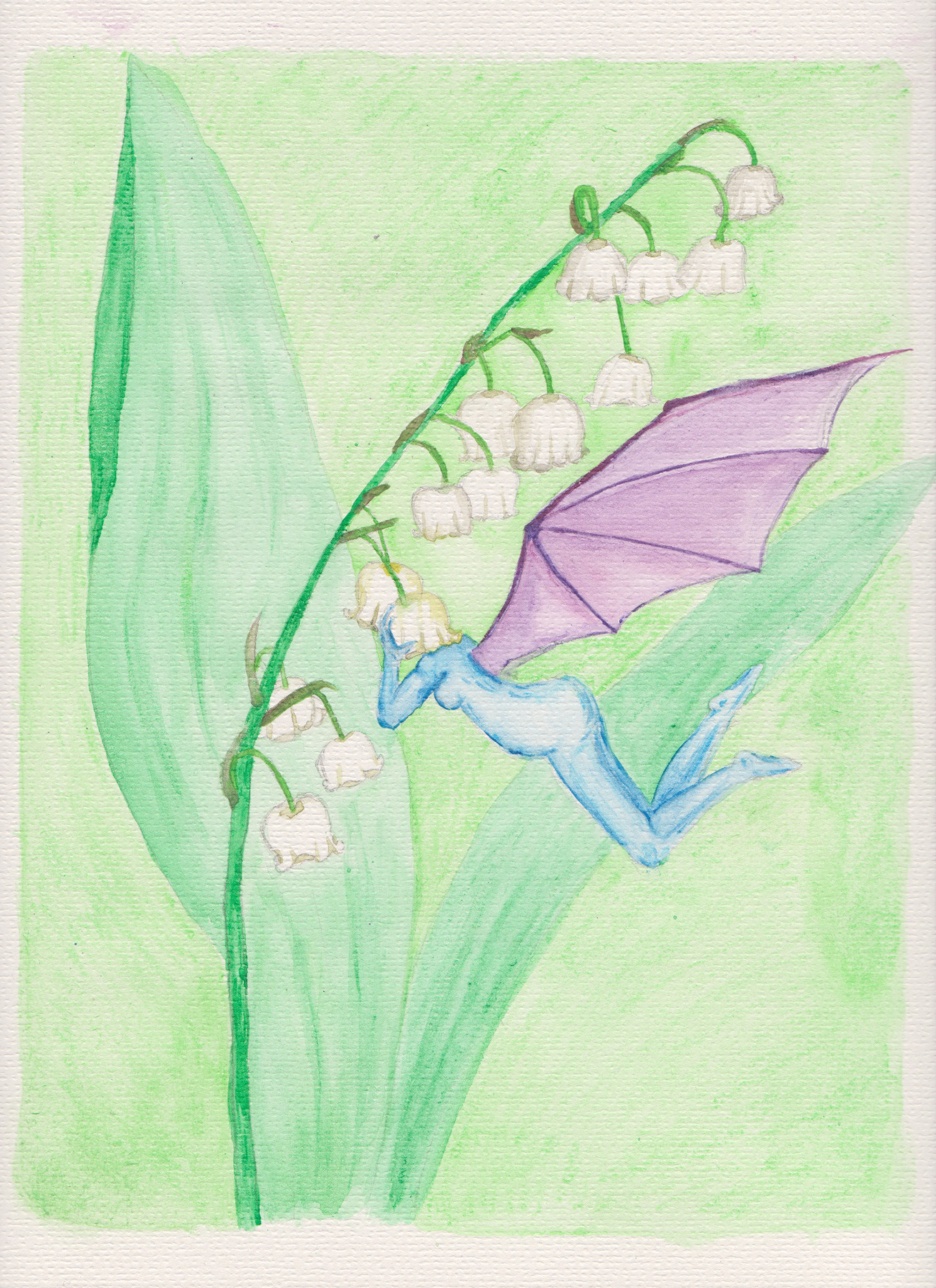 A blue-toned fairy with purple bat wings sticks her head inside a Lily of the Valley flower.