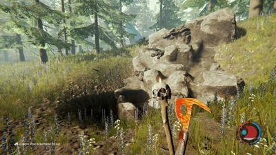 A screenshot from The Forest showing the character standing in a glade of green grass and tall pine trees, next to a fresh water source and a skull candle on a stick. They are holding an orange safety axe and have a depleting hunger bar