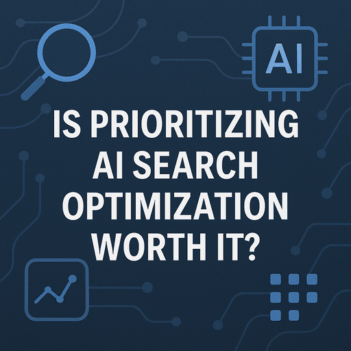 Square banner featuring centered white text reading “Is Prioritizing AI Search Optimization Worth It?” surrounded by subtle visuals like an AI chip, magnifying glass, line graph, and network connections on a dark blue digital background.
