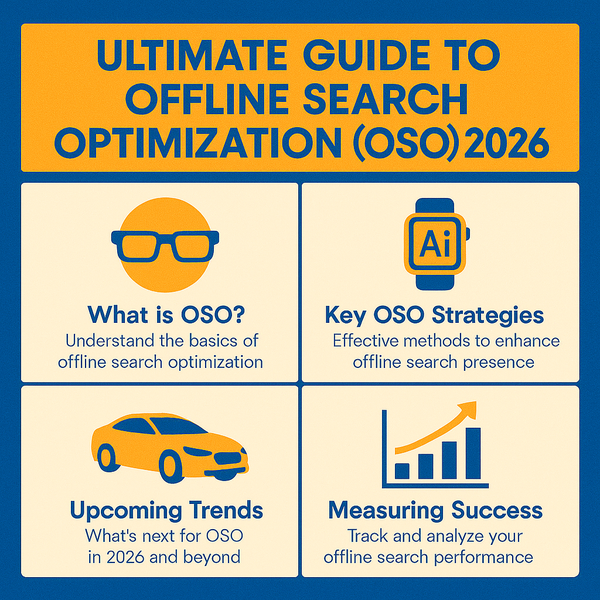 Infographic titled “Ultimate Guide to Offline Search Optimization (OSO) 2026” with four sections. Top left: icon of glasses with the text “What is OSO? Understand the basics of offline search optimization.” Top right: smartwatch with “Ai” on the screen and the text “Key OSO Strategies: Effective methods to enhance offline search presence.” Bottom left: orange car with the text “Upcoming Trends: What’s next for OSO in 2026 and beyond.” Bottom right: bar chart with upward arrow and the text “Measuring Success: Track and analyze your offline search performance.