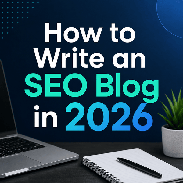 A dark blue promotional graphic featuring a laptop, notebook, pen, and small plant on a desk, with bold text reading 