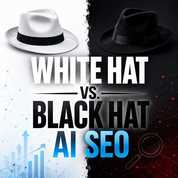 A split-screen illustration contrasts white hat and black hat AI SEO. A white hat and a black hat sit on opposite sides of the image, separated by a dramatic divide. Blue analytics and growth graphics appear on the white hat side, while darker search and network imagery appears on the black hat side, symbolizing the contrast between ethical AI SEO practices and manipulative AI visibility tactics.