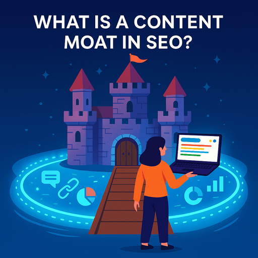 A colorful digital illustration of a castle surrounded by a glowing moat made of SEO icons, charts, and content symbols. A woman stands on the bridge holding a laptop that glows with search results. Text in the center reads “What Is a Content Moat in SEO? (And How to Build One That Lasts)” in clean modern typography.