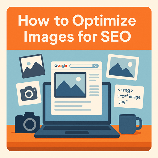 Digital illustration showing a laptop with Google image search results, surrounded by floating photo icons, a camera, an HTML image tag, and a coffee mug, visually representing how to optimize images for SEO.
