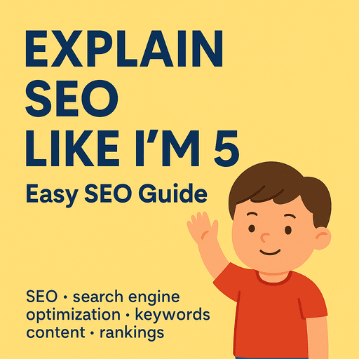 Illustration with the title “Explain SEO Like I’m 5: Easy SEO Guide” in bold dark blue on a yellow background. A smiling cartoon child in a red shirt raises their hand, symbolizing how websites use SEO to get noticed, with simple SEO-related words listed below.