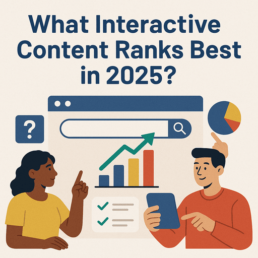 Illustration showing a woman and man interacting with a digital analytics dashboard under the title ‘What Interactive Content Ranks Best in 2025?’ with charts, search bar, and icons symbolizing quizzes, polls, and data engagement.