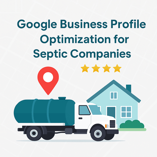 A service truck in a neighborhood with a floating Google map pin and stars, representing how septic companies can optimize Google Business Profiles for local SEO.