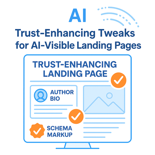 Illustration of AI analyzing a trustworthy landing page with verified author and schema markup.