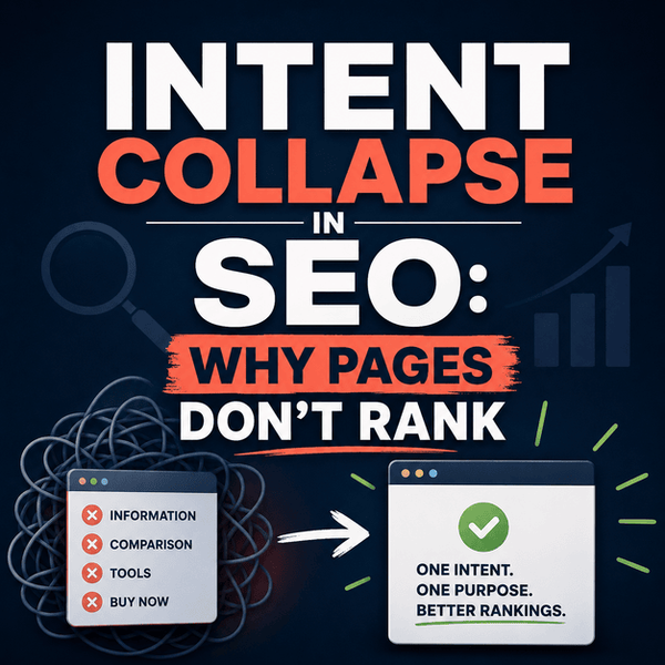 Intent Collapse in SEO concept graphic showing why pages don’t rank due to conflicting search intents. Bold typography highlights the title, paired with a visual contrast between disorganized mixed intent elements and a clear structured “one intent, one purpose” framework, illustrating improved SEO clarity and performance.