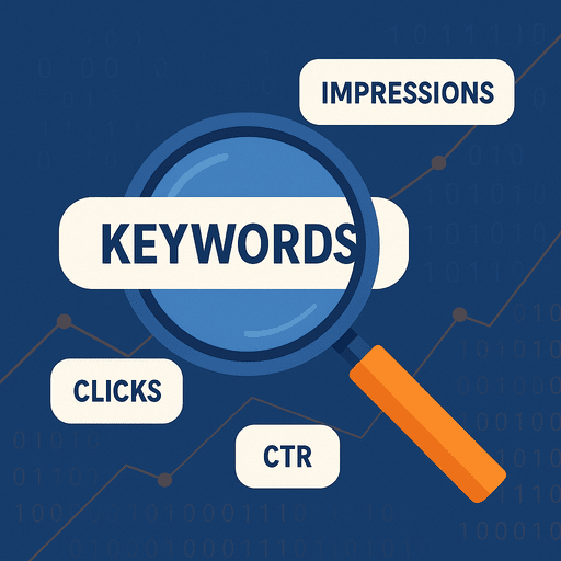 A digital illustration representing webmaster tools keyword research, showing a magnifying glass highlighting the word “KEYWORDS,” surrounded by floating tags labeled “IMPRESSIONS,” “CLICKS,” and “CTR,” with orange line graphs and binary code on a blue gradient background.