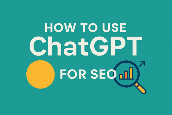 Horizontal banner image with turquoise background, bold white text reading ‘How to Use ChatGPT for SEO,’ and subtle design elements like a magnifying glass, data chart, and chat bubbles to represent AI and search optimization.