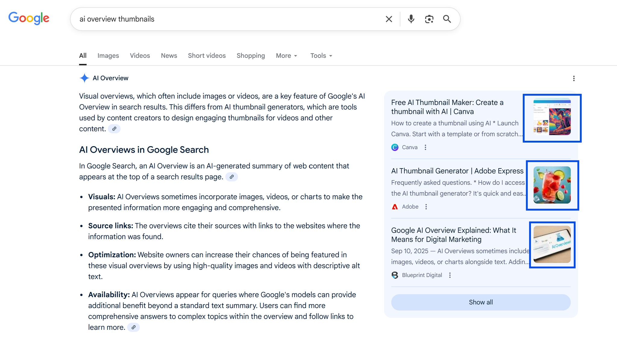 AI Overviews Image Thumbnail Screenshot
