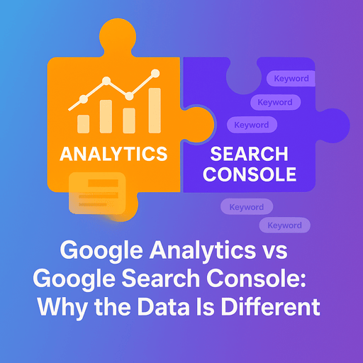 Two interlocking puzzle pieces labeled “Analytics” and “Search Console” illustrate the connection between Google Analytics and Google Search Console. The orange piece shows bar and line charts, while the purple piece features keyword bubbles, set against a blue-to-purple gradient background with the title “Google Analytics vs Google Search Console: Why the Data Is Different.”