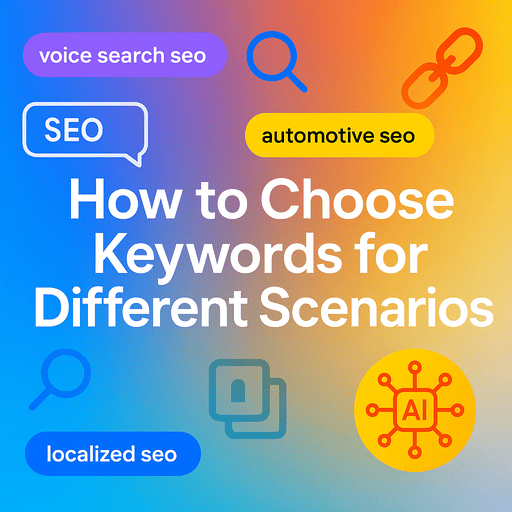 ChatGPT said:  Colorful square image with the text “How to Choose Keywords for Different Scenarios” in bold white letters centered on a blue-to-orange gradient background, surrounded by modern SEO icons like magnifying glasses, link symbols, and keyword tags reading “voice search SEO,” “automotive SEO,” and “localized SEO.”