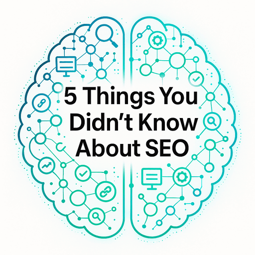 Square digital illustration showing a glowing futuristic brain made of interconnected SEO icons, links, and data nodes in bright blue and green tones on a white background, with centered bold text reading “5 Things You Didn’t Know About SEO.”