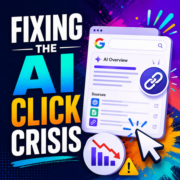 Colorful digital marketing graphic titled “Fixing the AI Click Crisis,” illustrating Google AI Overviews, declining clicks, and the shift toward AI-driven search and citation-based SEO.