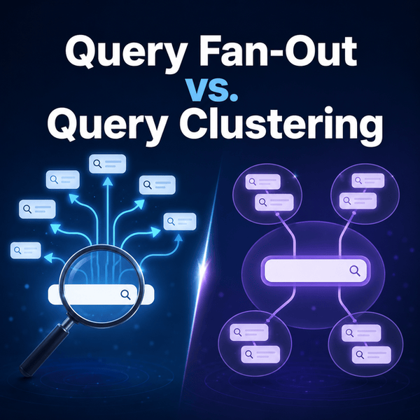 Query Fan-Out vs Query Clustering comparison graphic showing two RAG retrieval strategies with search icons and directional flow diagrams.