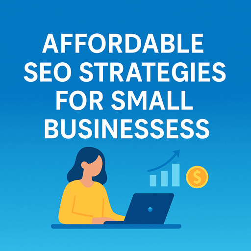 Illustration with the title “Affordable SEO Strategies for Small Businesses” on a blue gradient background, showing a woman using a laptop beside icons of a bar chart, upward arrow, and gold coin symbolizing business growth and affordable optimization.
