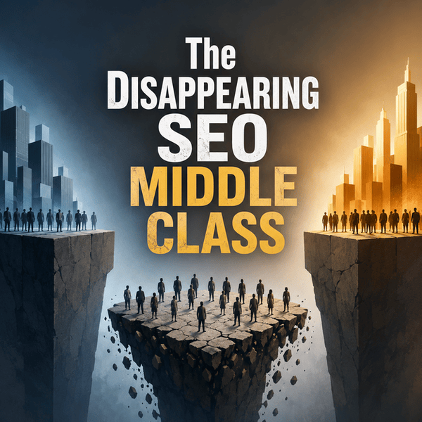 A bold, cinematic illustration depicting “The Disappearing SEO Middle Class,” showing a fractured digital landscape where mid-sized websites are squeezed between dominant brands and niche creators as AI reshapes search visibility.