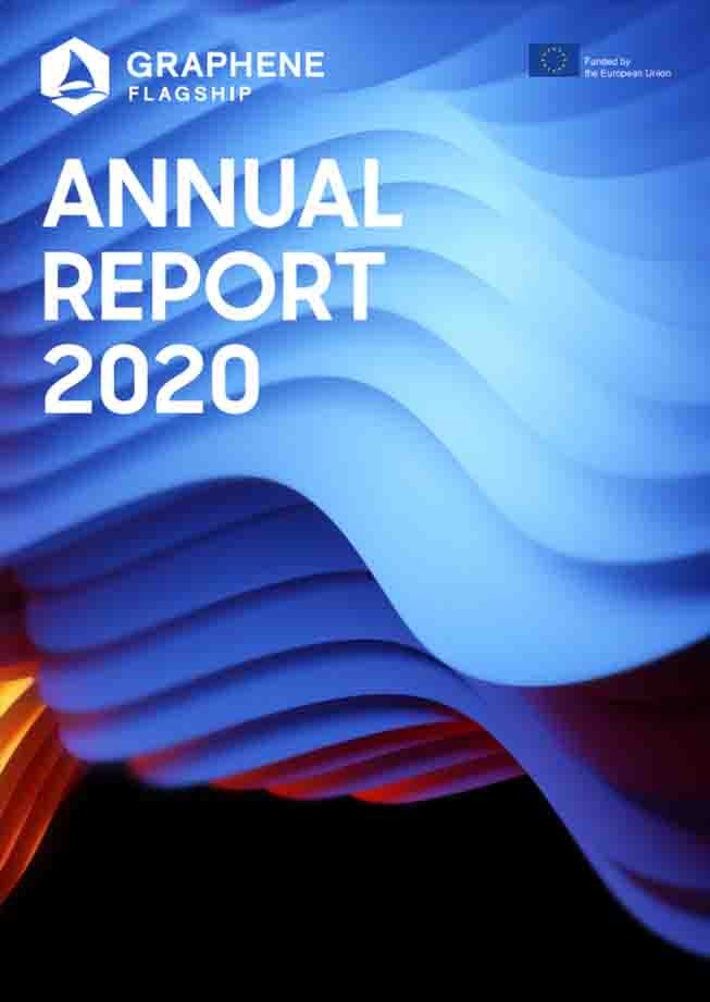 Magazine cover of the Graphene Flagship Annual Report 2020 with a blue and orange wavy texture in the background