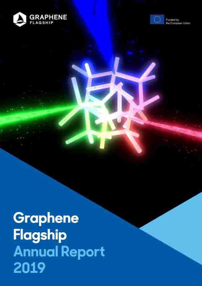 Magazine cover of the Graphene Flagship Annual Report 2019 showing a colorful arrangement of tetrahedrons emitting green, blue, and red lasers
