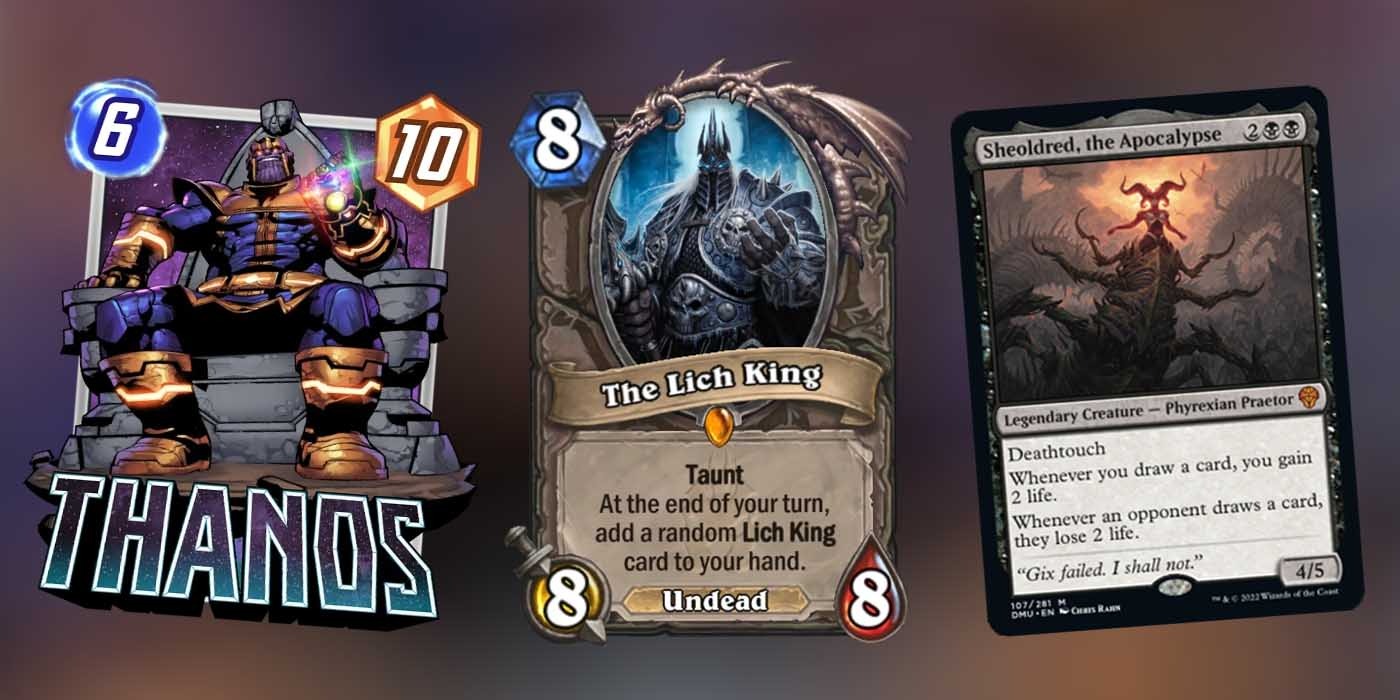 TCG cards Thanos, The Lich King and Sheoldred, The Apocalypse.jpg
