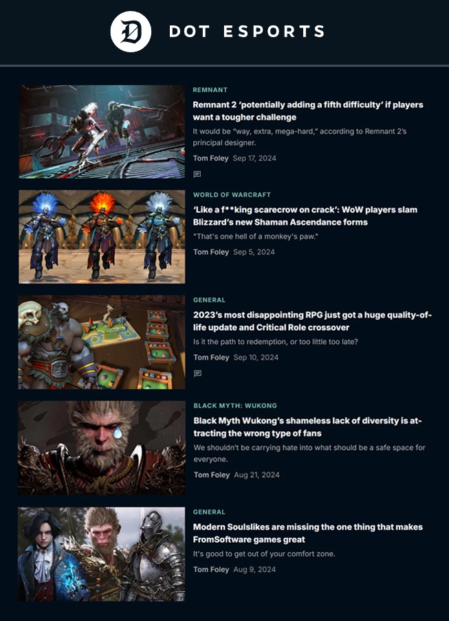 Author page of games journalist Tom Foley, showing a list of gaming articles on video games website Dot Esports