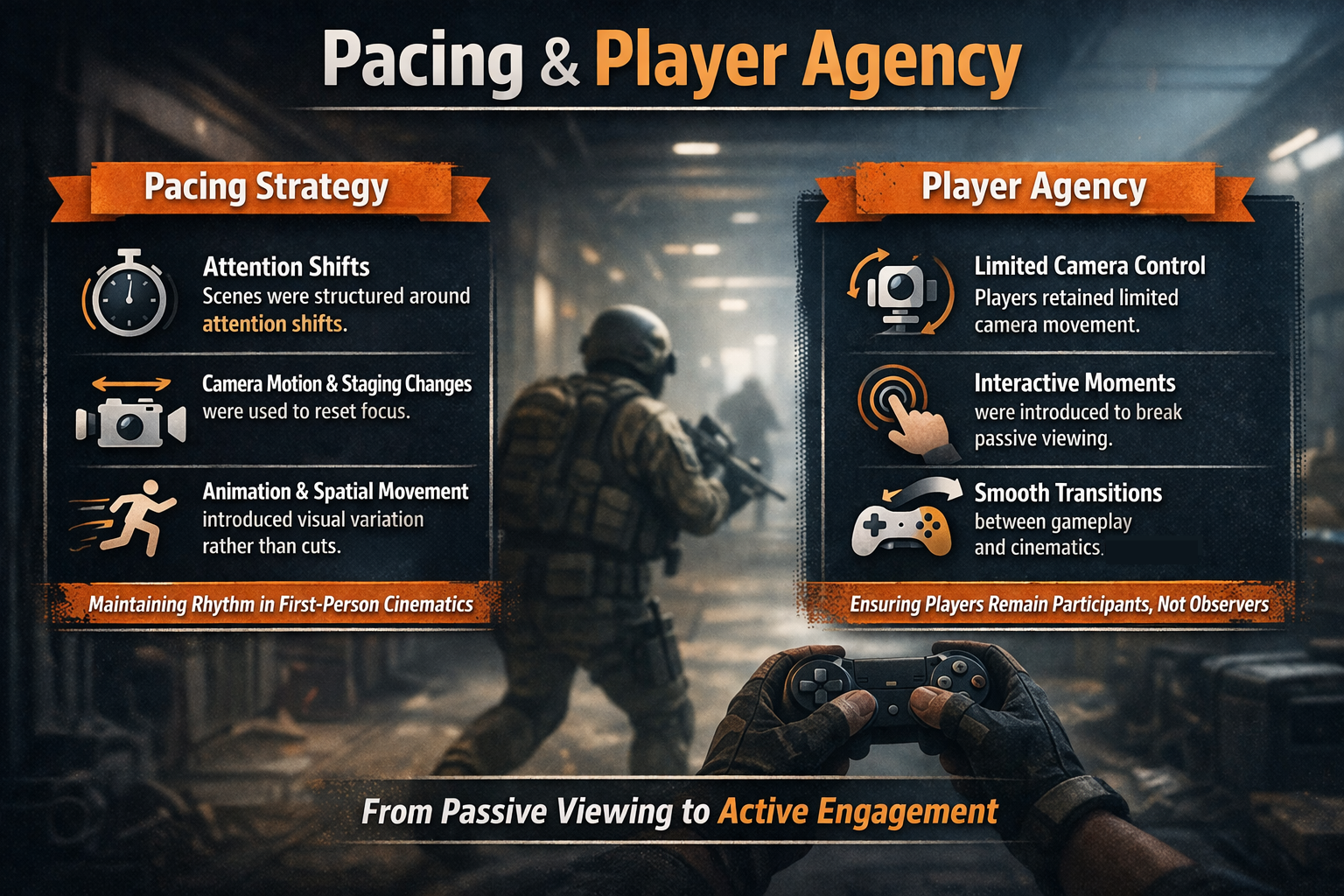 Generated visualisation showing pacing and player agency approach in first-person cinematic design.