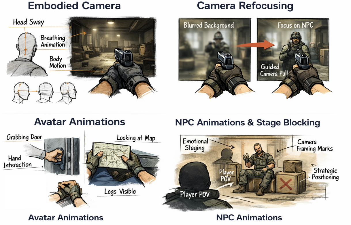 Generated conceptual visualisation of approach to first-person cinematics design.