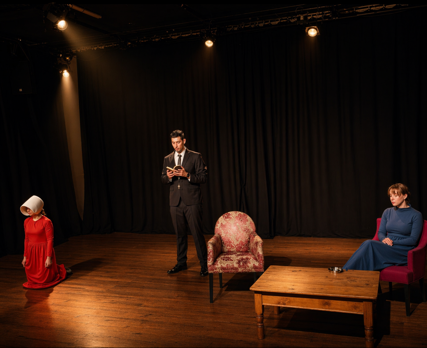 Theatrical performance still from The Handmaid’s Tale adaptation showing actor on stage in costume.