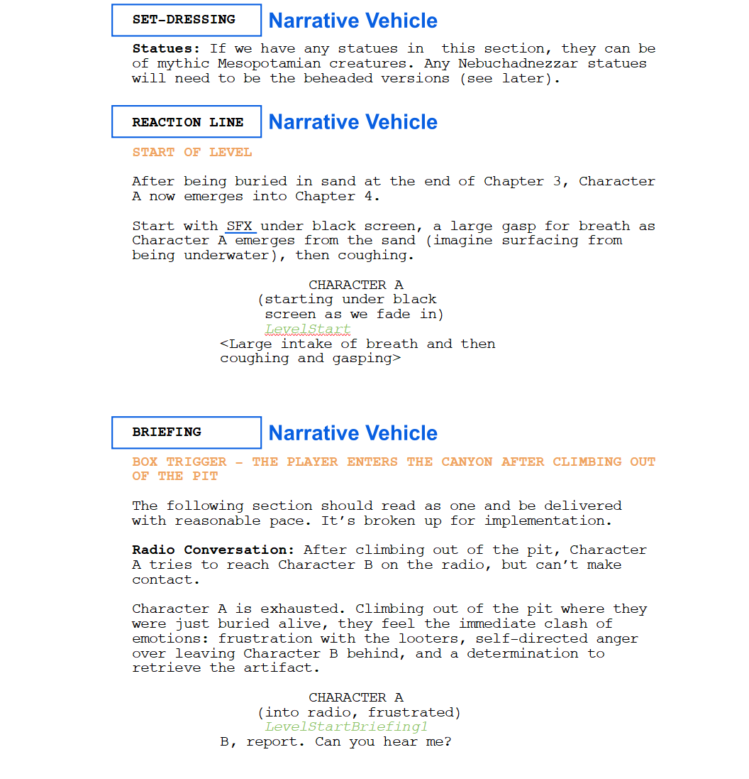 Excerpt from game script illustrating narrative vehicle structure used in an AAA VR narrative design project.