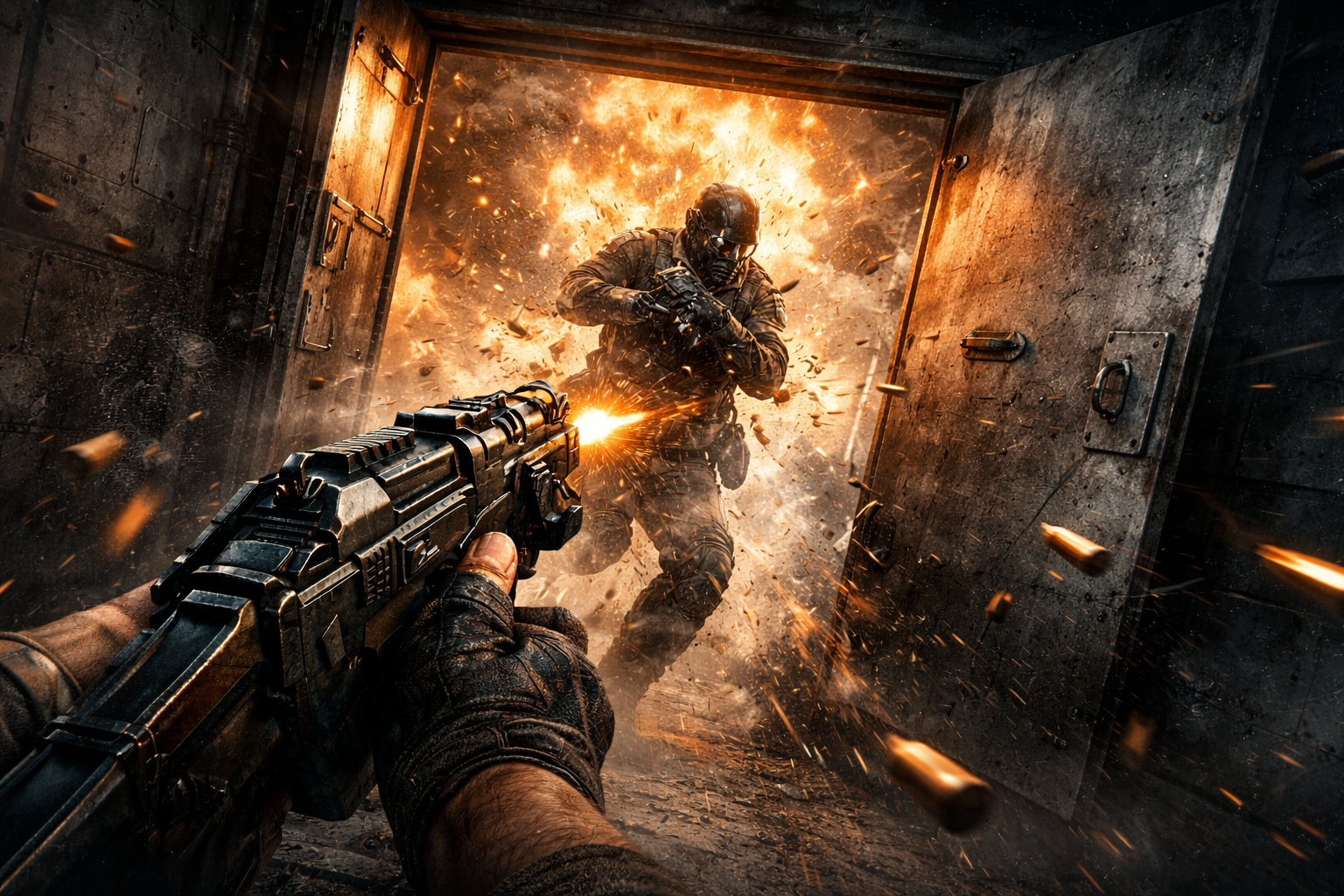 Generated FPS game scene illustrating cinematic design approach for first-person storytelling.