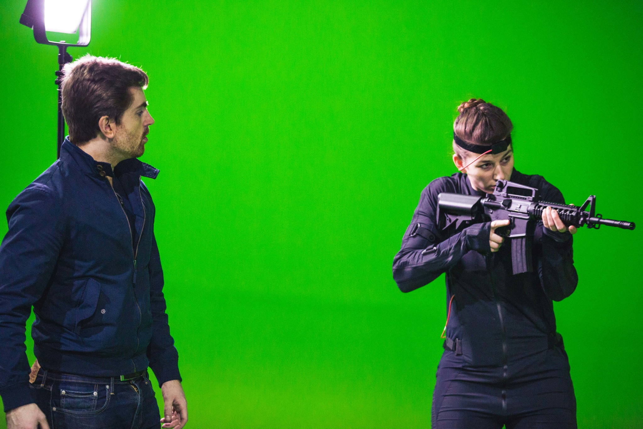 Motion capture performance on green screen set.