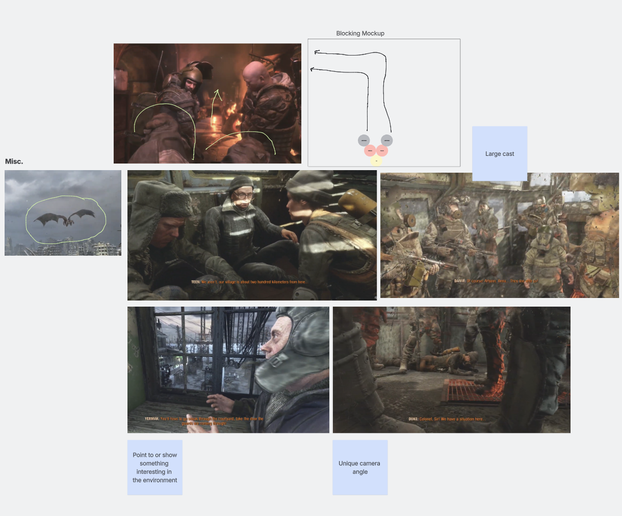 Whiteboard with cinematic shot breakdown for cinematics planning.