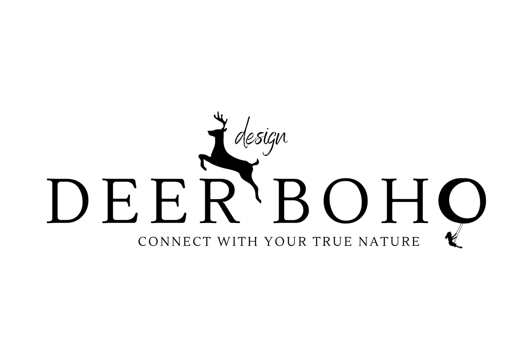 DeerBoho design logo black deer is jumping and girl is swinging DeerBoho design logo black deer is jumping and girl is swinging