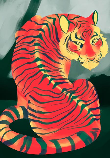 highly saturated drawing of a characterized tiger on a abstract jungle background highly saturated drawing of a characterized tiger on a abstract jungle background