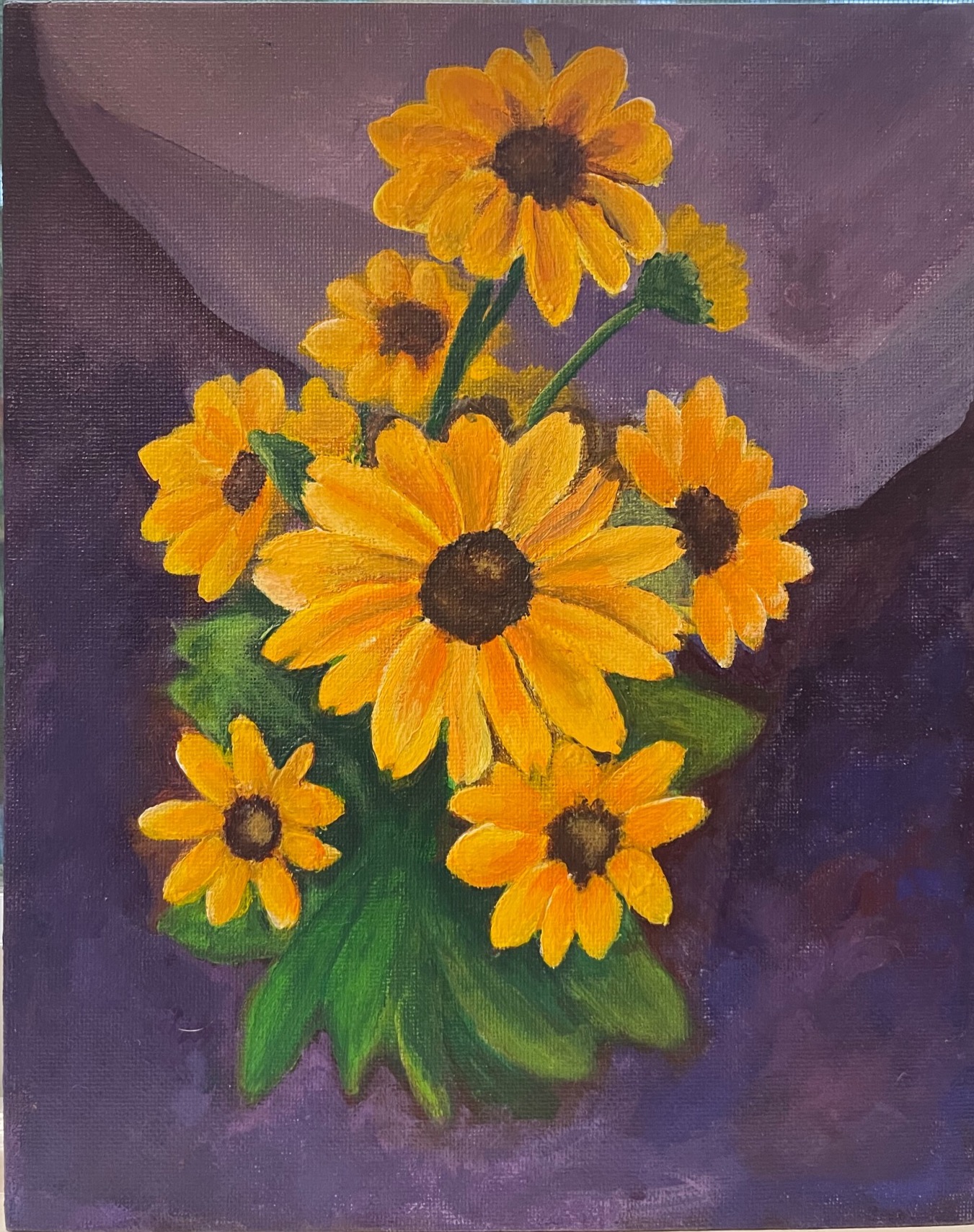 Acrylic painting of Black-Eyed Susans on a purple background ©Kristi McKee