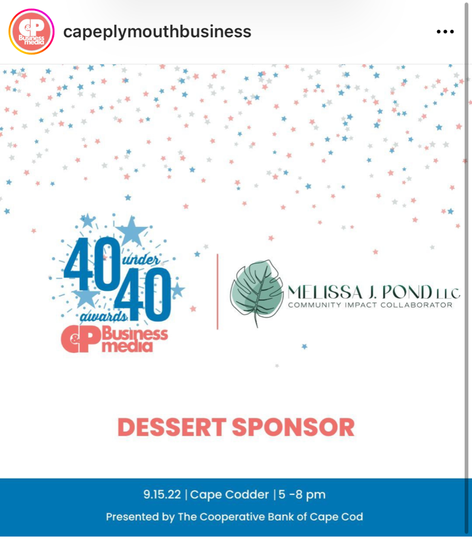 logos for 40 under 40 and Melissa J. Pond LLC; white background with confetti; dessert sponsor logos for 40 under 40 and Melissa J. Pond LLC; white background with confetti; dessert sponsor