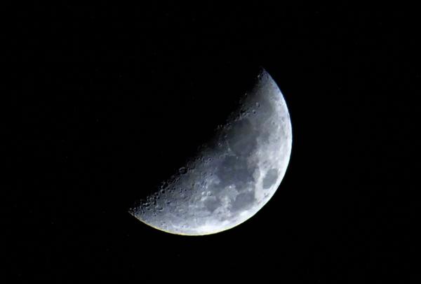 A half-lit moon in a black night sky